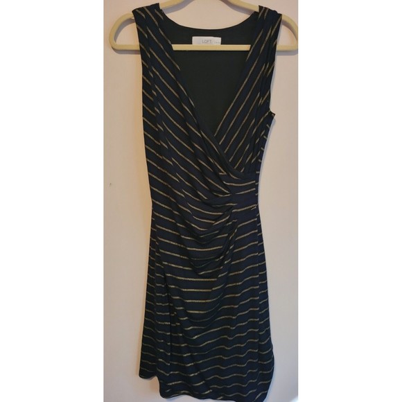 Loft Womens Faux Wrap Knee Length Dress Gold Striped Size Medium Petite - Picture 1 of 9